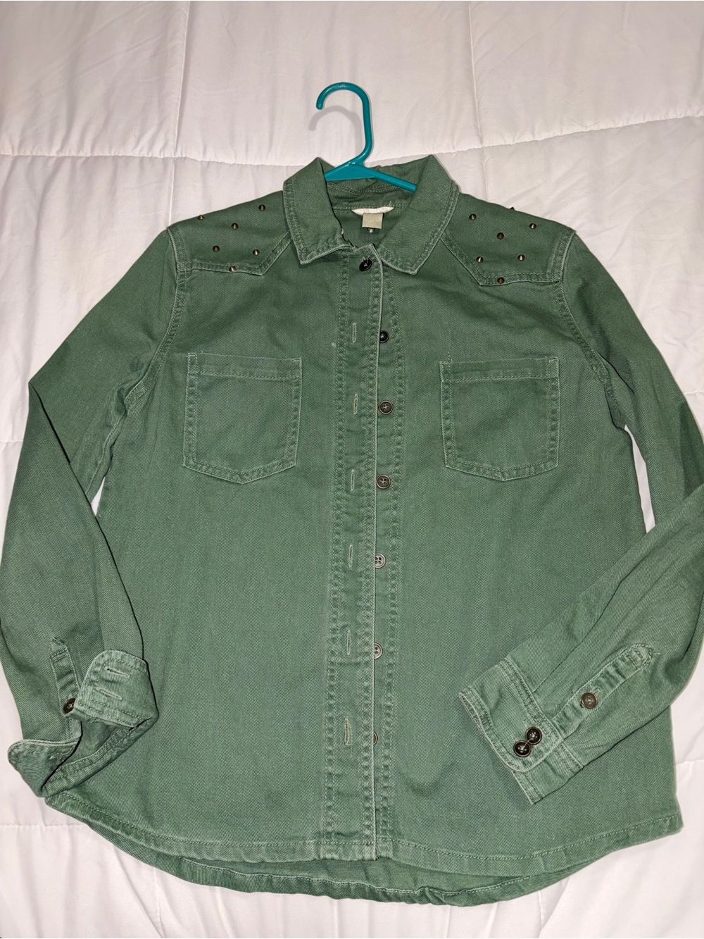 Olive Green Studded Button-Up Shirt